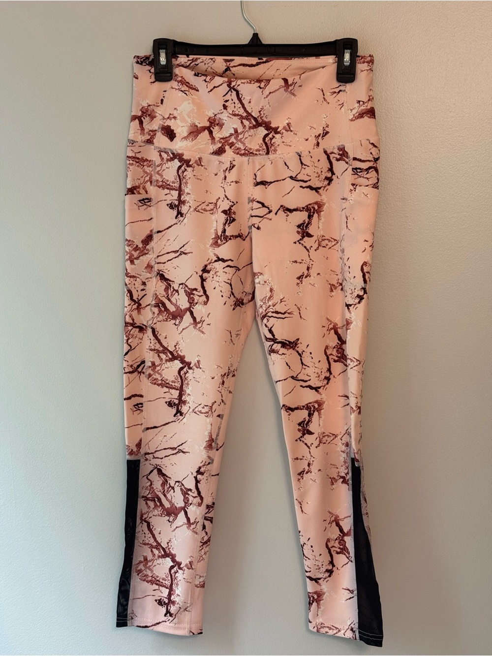 Women's Pink Marble Print Leggings with Black Side Panels